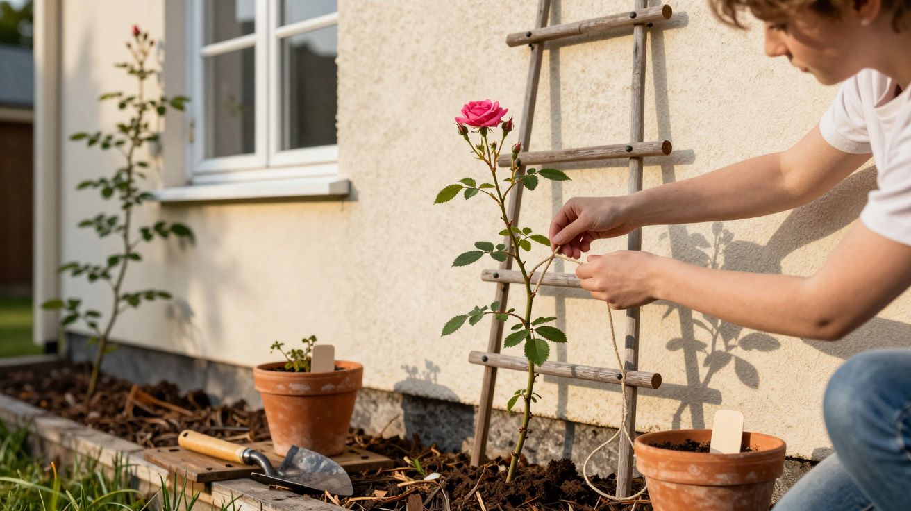 Pessoa amarrando planta de rosa perto da parede de casa em jardim com ferramentas ao redor.