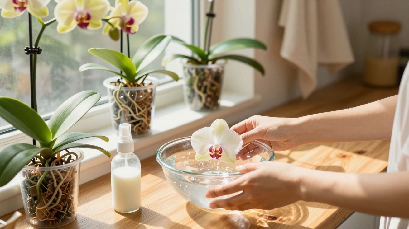 Mãos seguram orquídea branca sobre tigela com água em bancada próxima a janela com outras orquídeas.