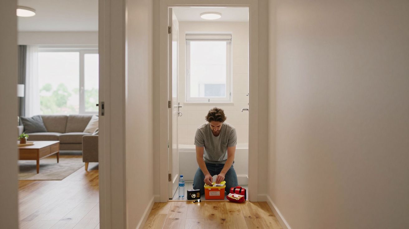 Homem agachado organizando caixa de primeiros socorros em corredor de casa iluminada.