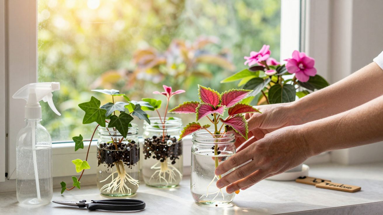 Mãos cuidando de plantas variadas em jarros com água sobre bancada próxima a janela iluminada.