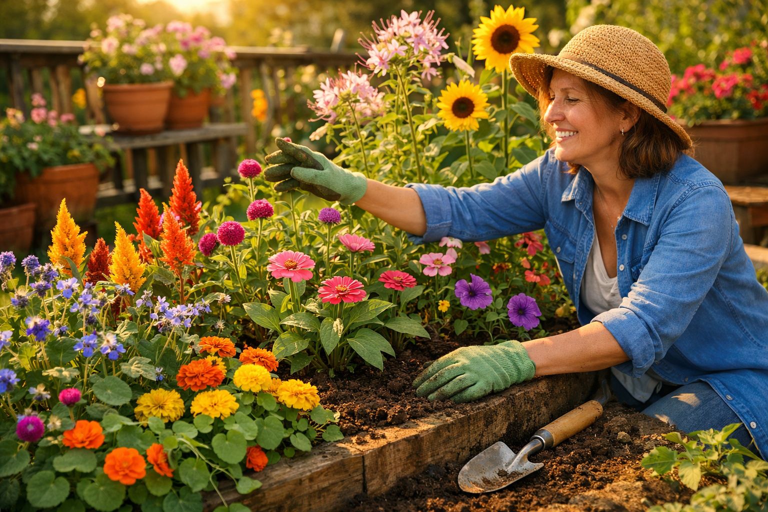 Mulher sorridente cuidando de flores coloridas em canteiro elevado com chapéu e luvas de jardinagem.
