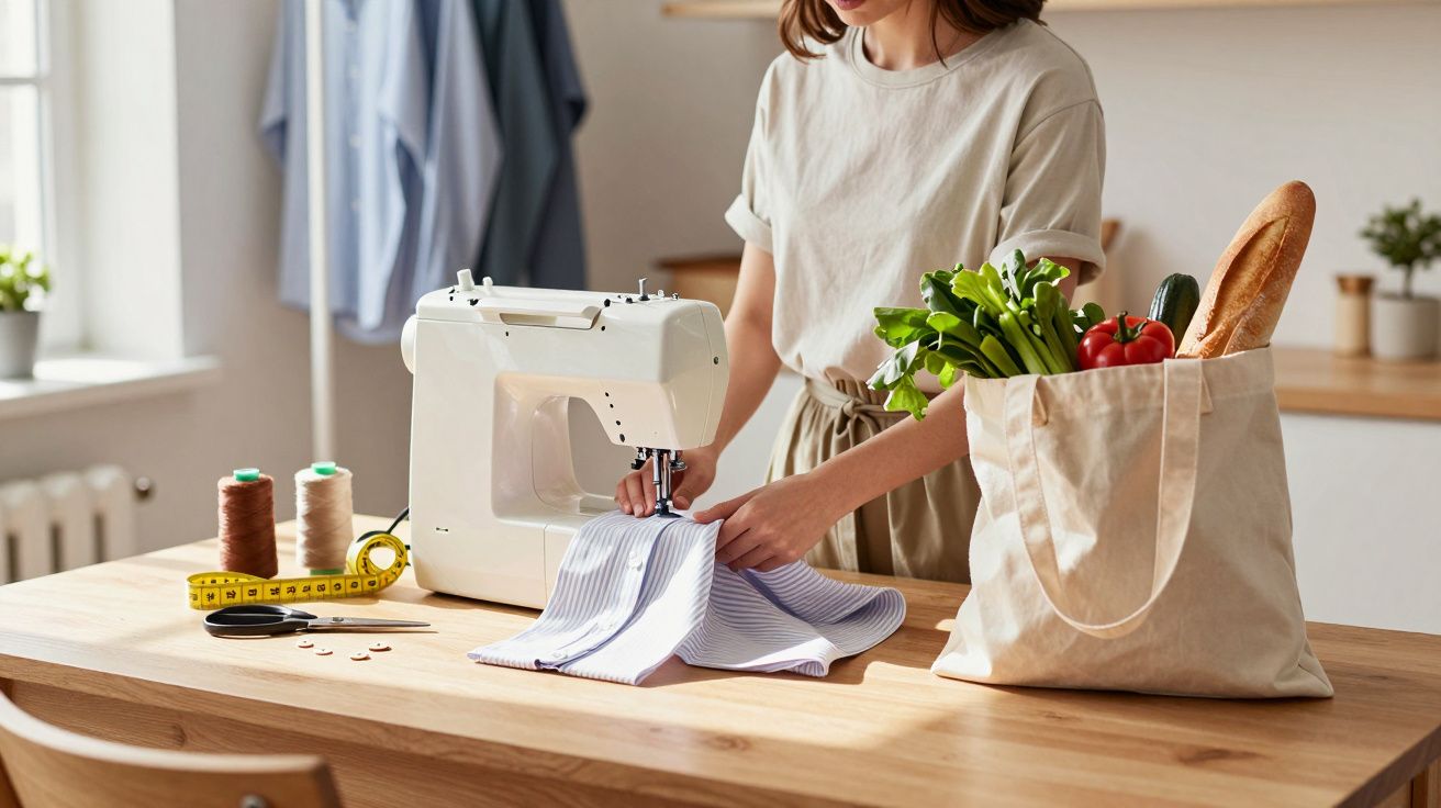 Pessoa usando máquina de costura para ajustar roupa em mesa com sacola ecológica cheia de legumes.