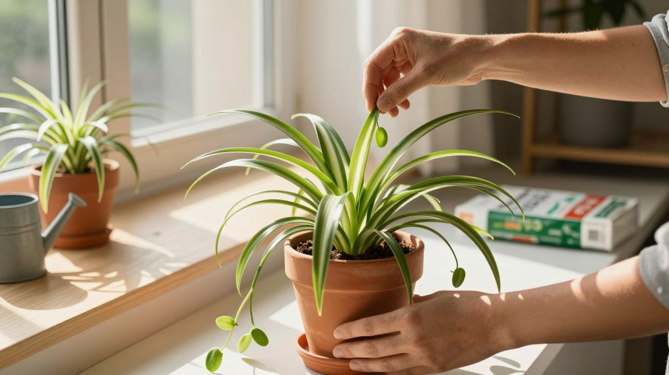 Pessoa cuidando e podando planta em vaso de cerâmica em ambiente iluminado pela luz natural.
