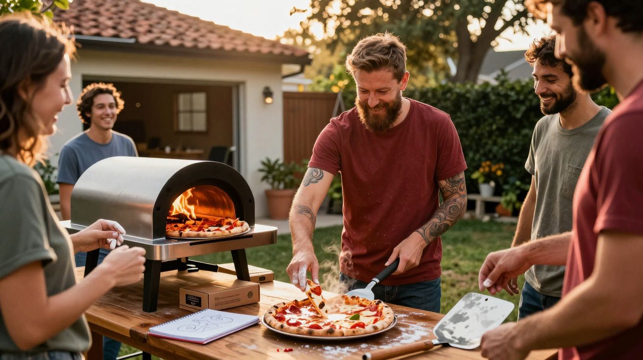 Grupo de amigos preparando e servindo pizza em forno a lenha ao ar livre no quintal.