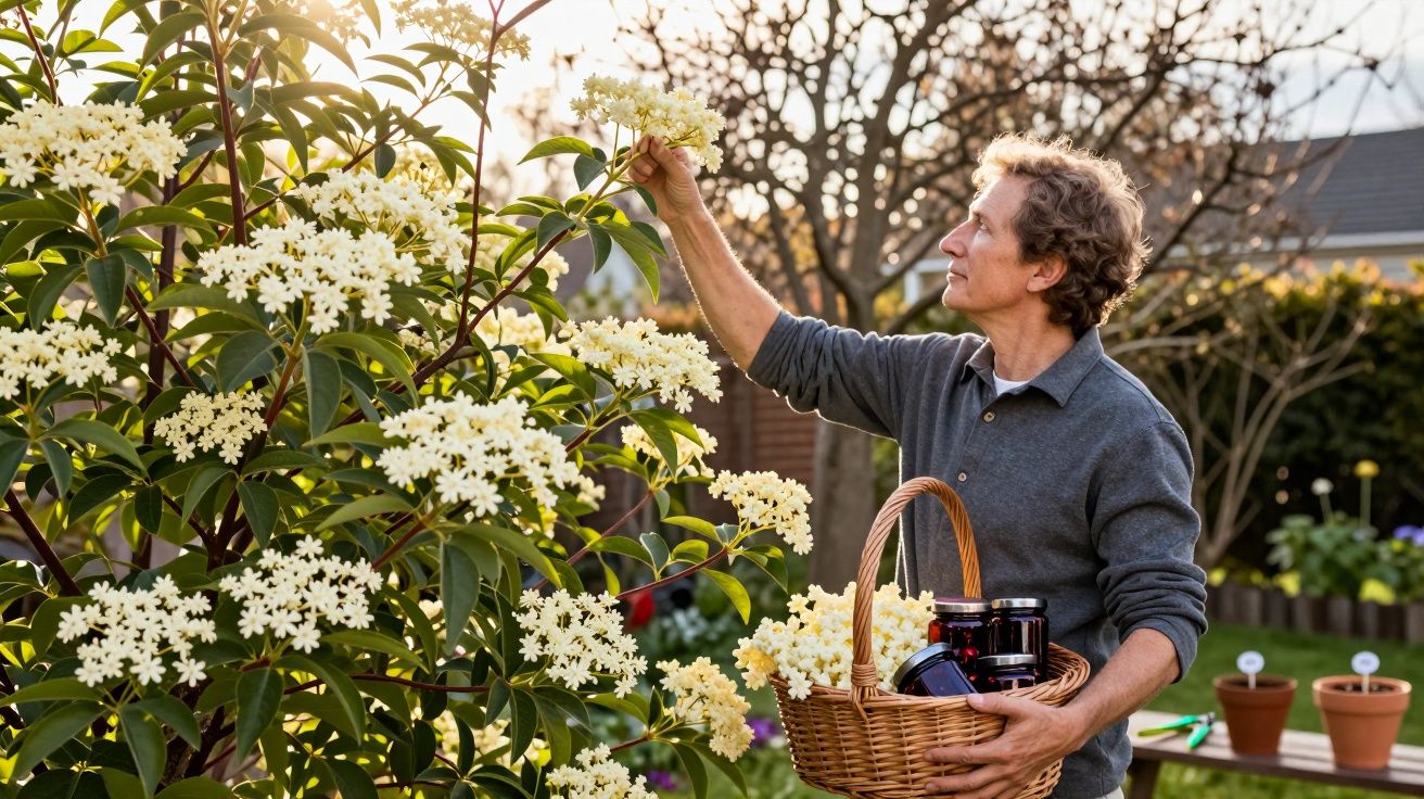 Pessoa colhendo flores brancas de arbusto em jardim ao entardecer, com cesta e potes na mão.