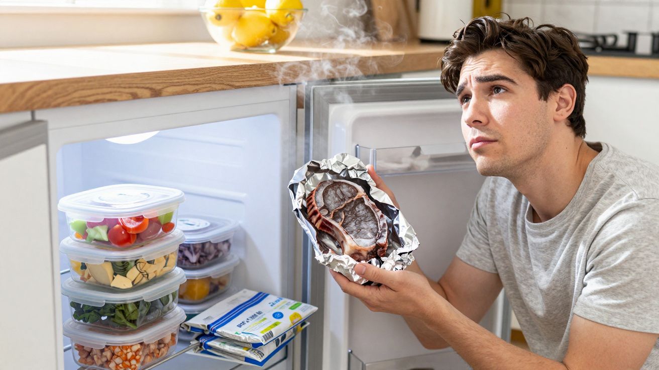 Homem preocupado abrindo geladeira com comida quente e vapores saindo na cozinha.