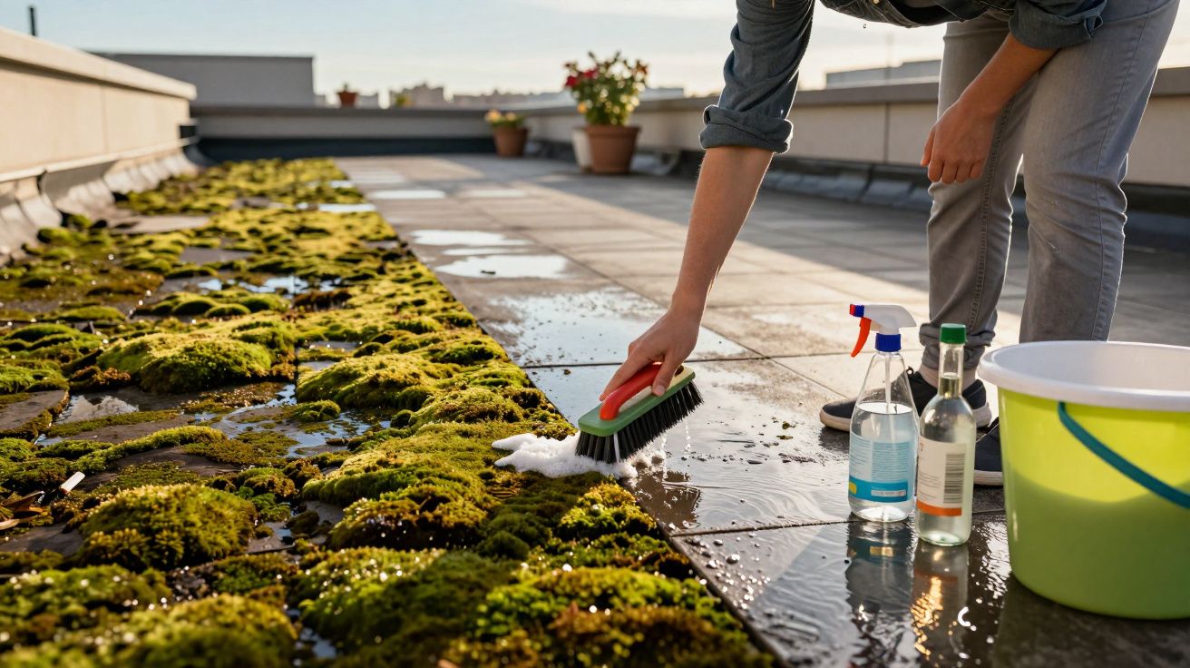 Pessoa limpando piso externo com escova e produtos de limpeza perto de musgo e plantas em vasos.