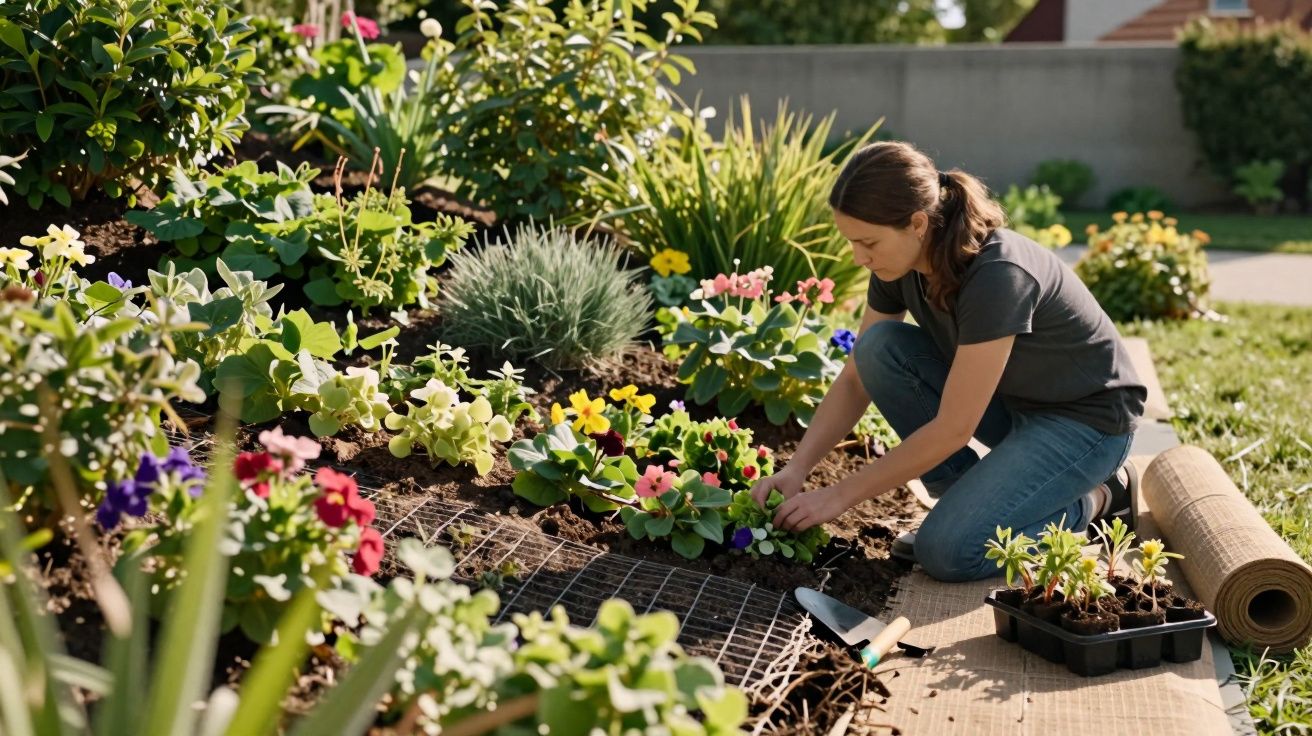 Mulher ajoelhada cuidando de flores coloridas em jardim ensolarado com utensílios de jardinagem ao lado.