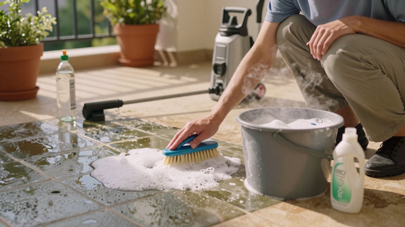 Pessoa limpando o chão de azulejos com escova, balde, detergente e água ensaboada em área externa.