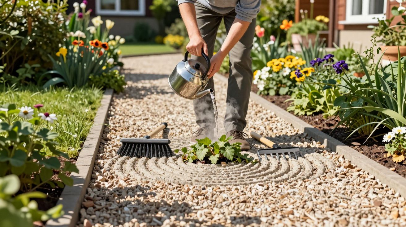 Pessoa regando planta no centro de jardim zen com pedras brancas, cercado por flores coloridas.