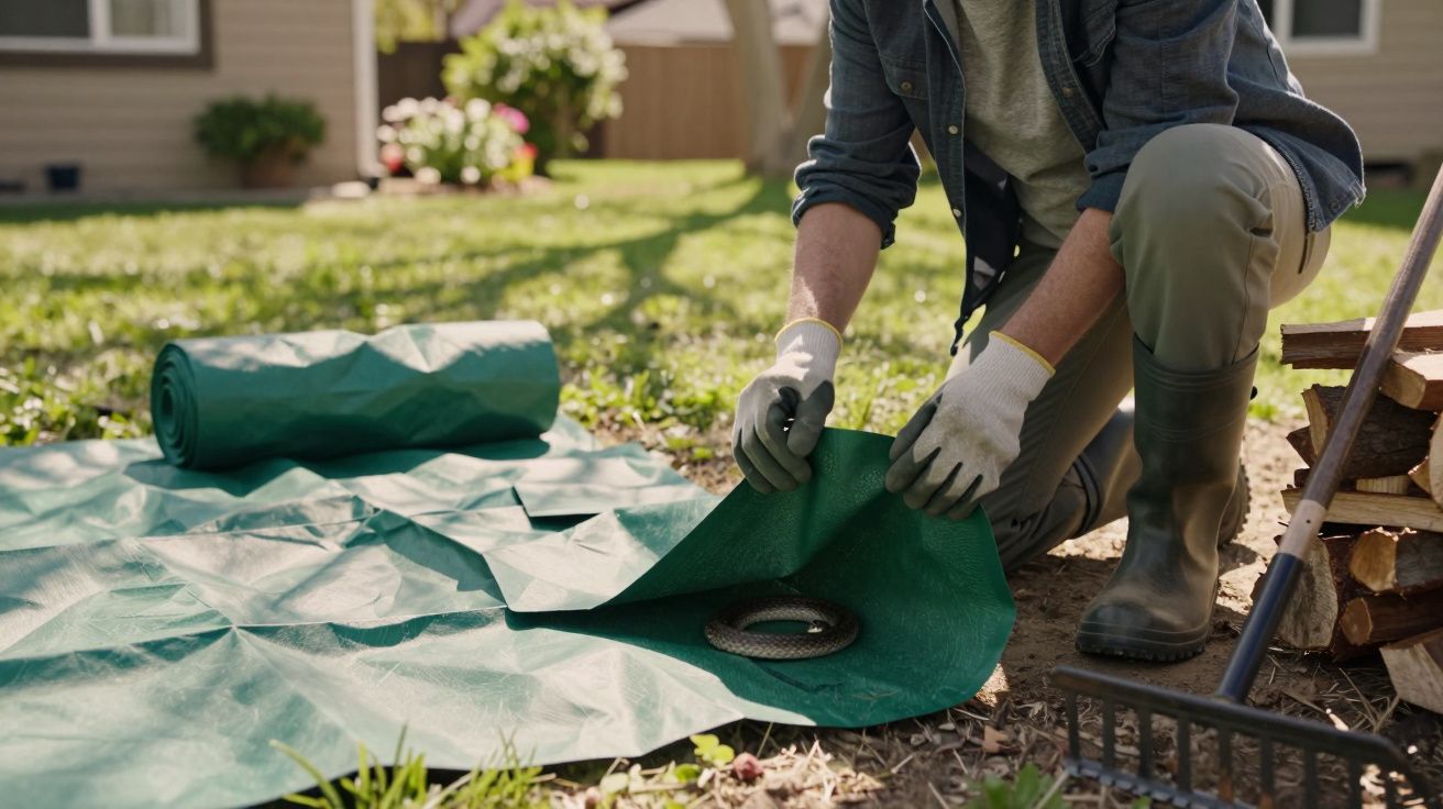 Pessoa preparando lona verde no jardim para capturar cobra enrolada no centro.