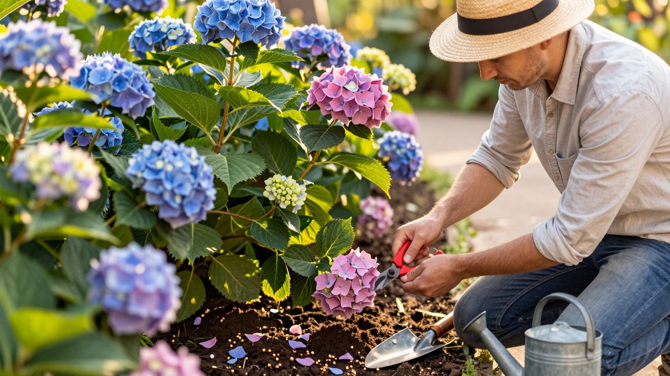 Homem com chapéu cuidando de flores coloridas em jardim, usando tesoura e regador ao lado.