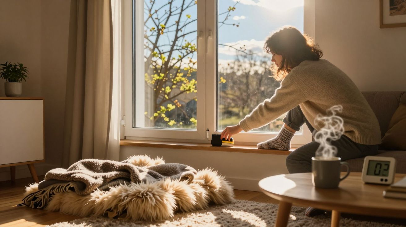 Mulher sentada no sofá, acendendo vela em ambiente iluminado pelo sol da manhã.
