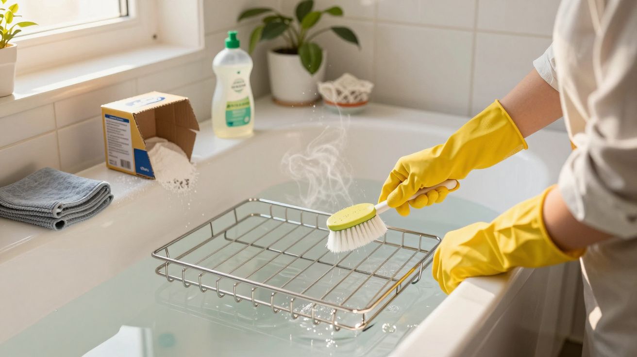 Pessoa com luvas amarelas limpando grelha de forno na pia com escova e água quente vazando sabão em pó.