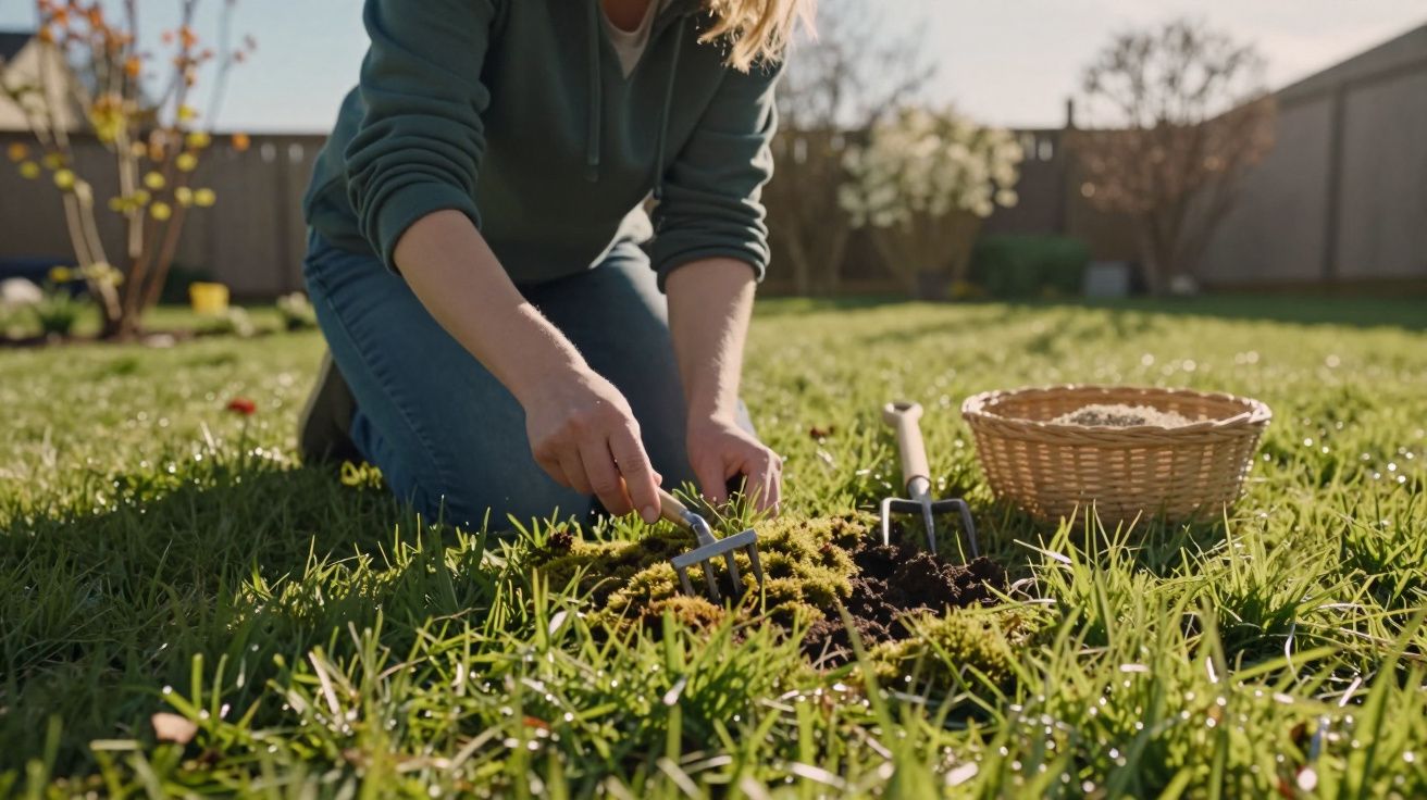 Pessoa cuidando de plantas no jardim com ferramentas de jardinagem e cesta ao lado.
