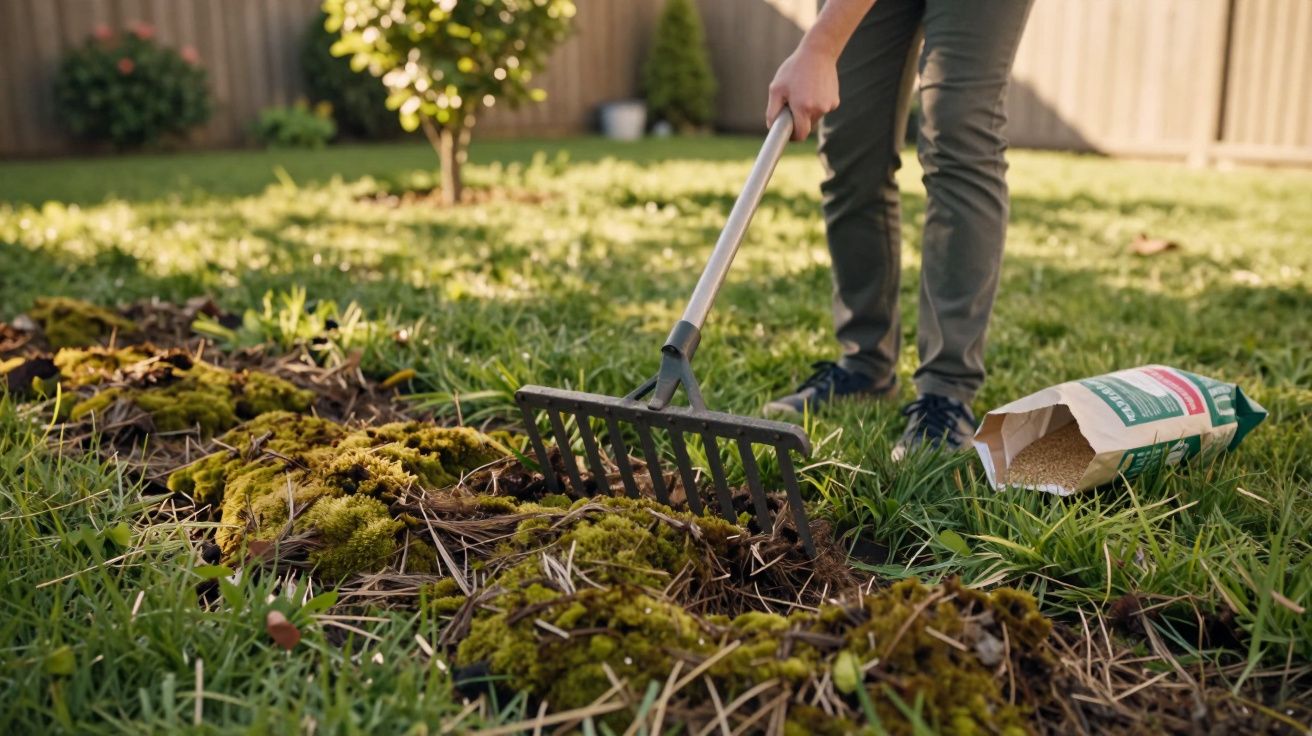 Pessoa usando ancinho para limpar musgo do jardim com saco de fertilizante ao lado em área gramada.