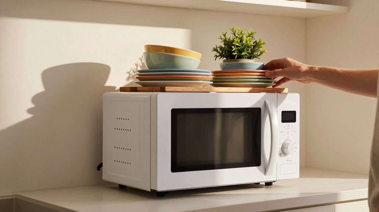 Micro-ondas branco sobre bancada com pratos, tábua de cortar e planta artificial, mão ajustando prato.