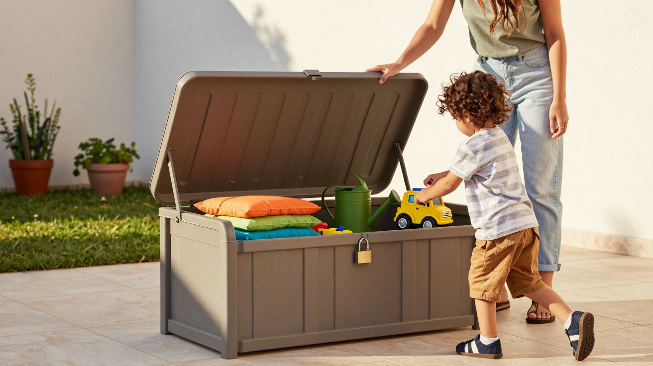 Criança brinca com carrinho próximo a uma caixa organizadora aberta, com almofadas e regador.