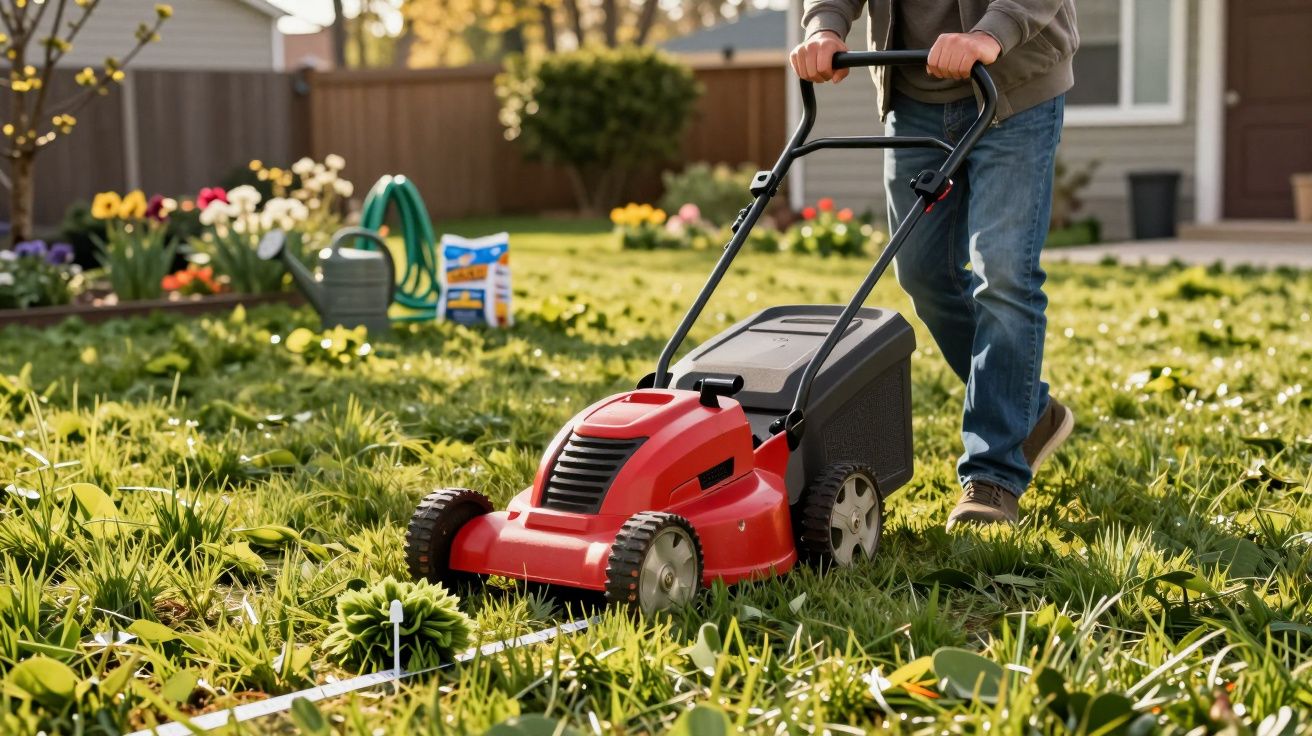 Pessoa cortando grama alta do jardim com um cortador de grama vermelho em dia ensolarado.