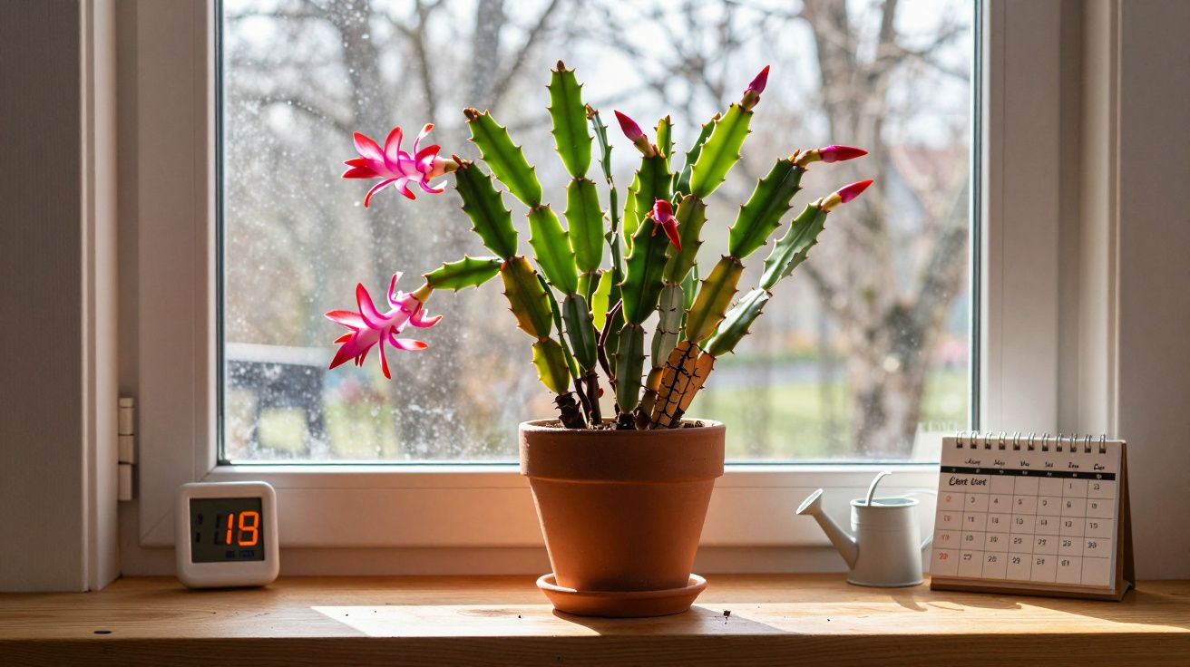 Cacto com flores rosas em vaso de cerâmica na janela, ao lado de calendário e regador branco pequeno.