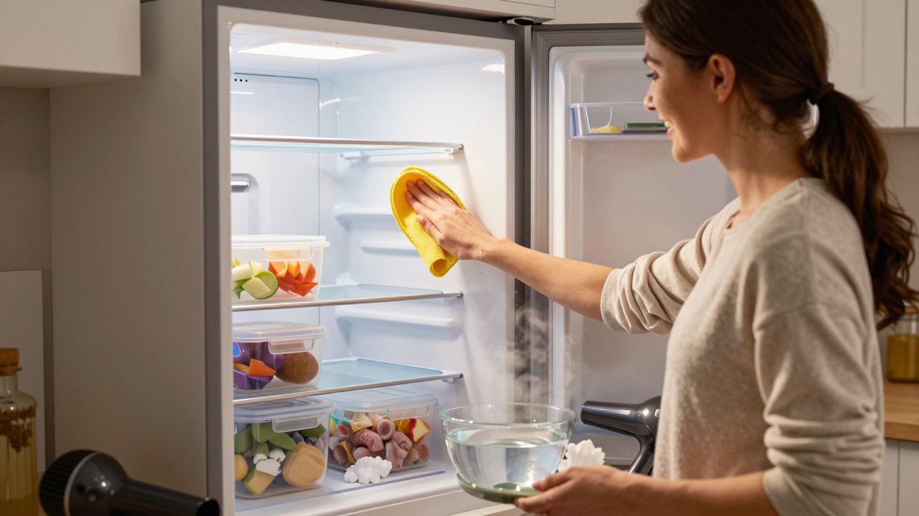 Mulher limpando o interior da geladeira com pano amarelo, segurando uma tigela com água quente.