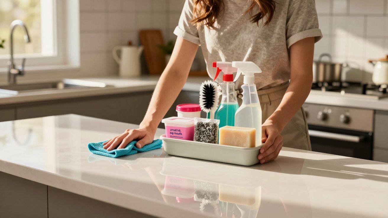 Pessoa limpando bancada de cozinha clara com pano azul e produtos de limpeza organizados em bandeja.