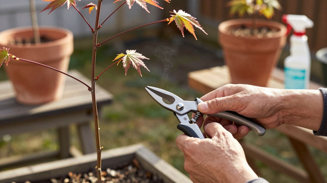 Mãos podando delicadamente galho de muda de planta com tesoura de jardinagem em jardim ao ar livre.