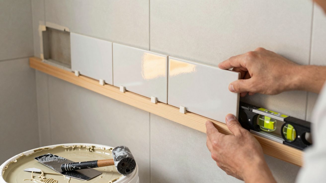 Mãos instalando azulejos brancos com espaçadores em parede cinza usando nível de bolha e ferramentas.