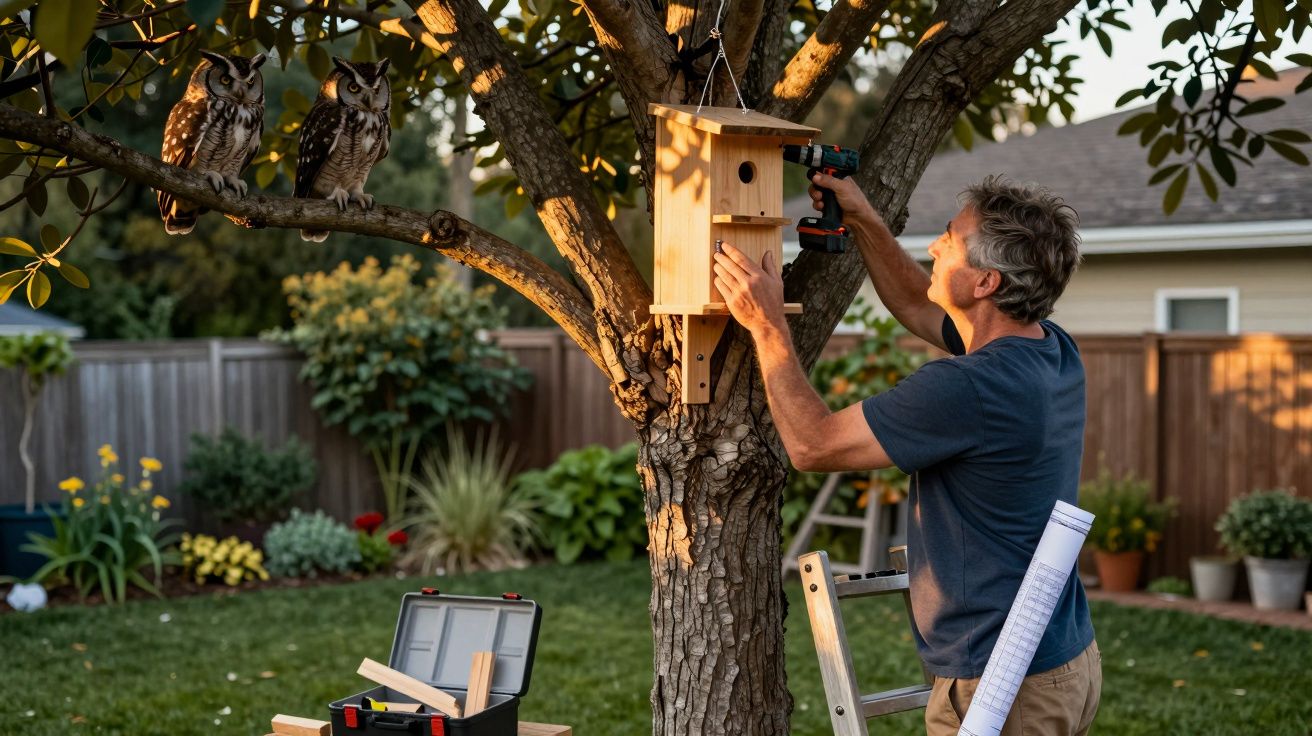 Homem instala caixa-ninho em árvore no jardim enquanto dois corujas observam em galho próximo.
