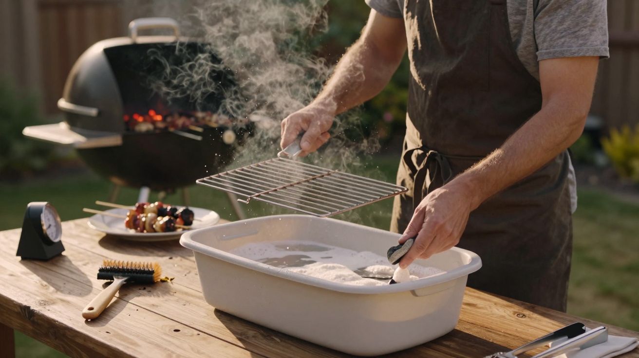 Pessoa limpando grelha de churrasqueira ao lado de churrasqueira e espetos de legumes na mesa de madeira.