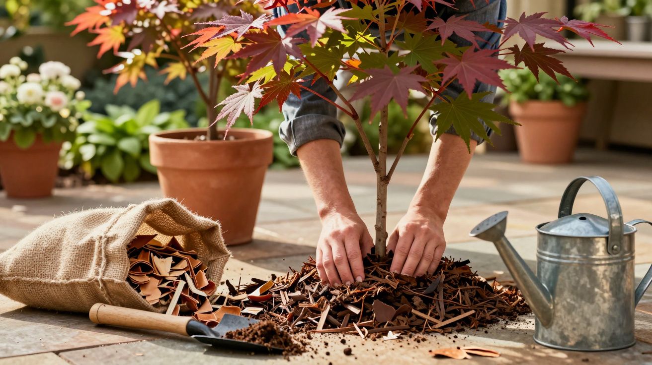 Pessoa plantando muda de árvore com regador, terra e ferramenta de jardinagem em piso externo.