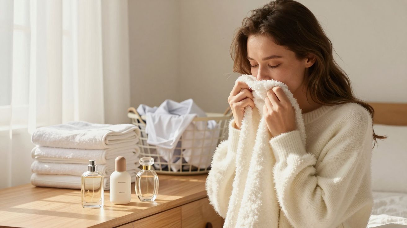 Mulher cheirando uma toalha branca fofa em quarto iluminado com frascos de perfume e toalhas empilhadas.