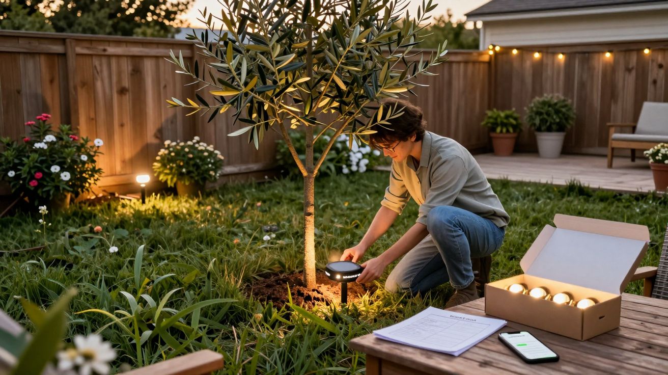 Pessoa ajustando iluminação solar ao redor de árvore em jardim com flores à noite
