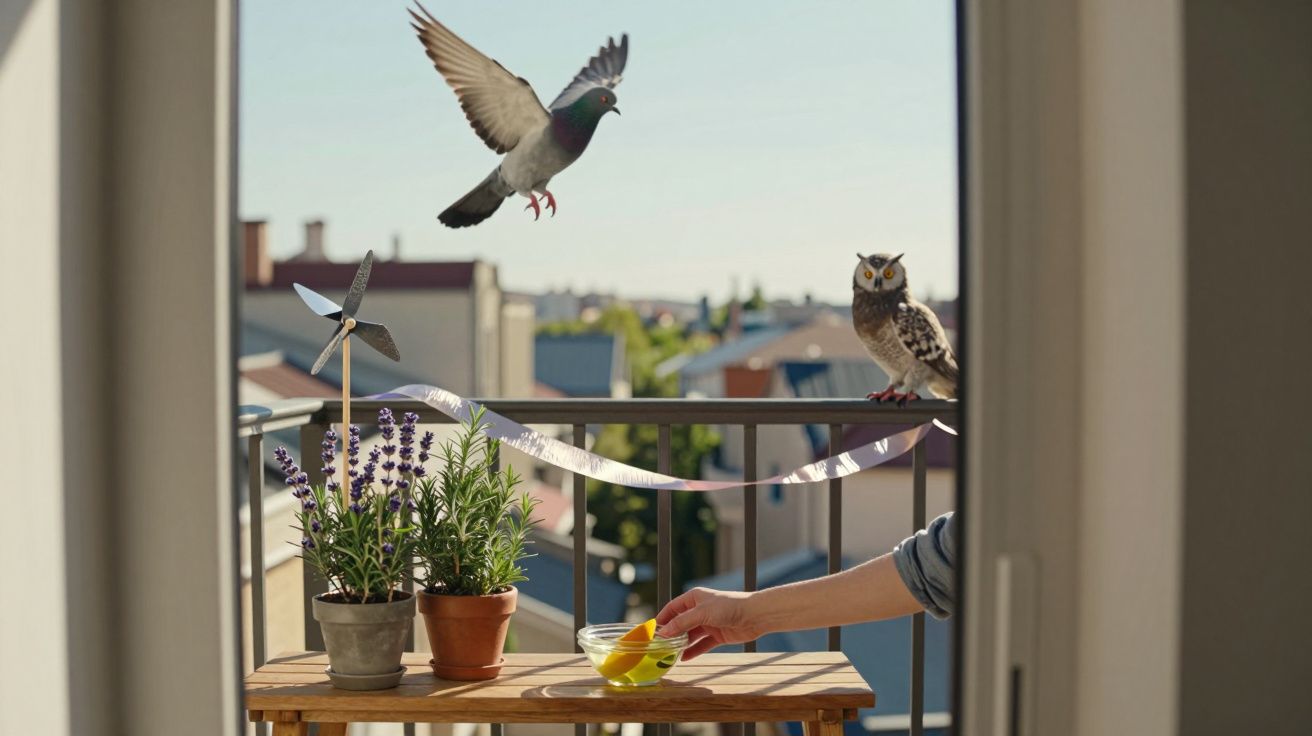 Pássaro voando e coruja empoleirada na sacada com plantas e mão segurando prato com limões.