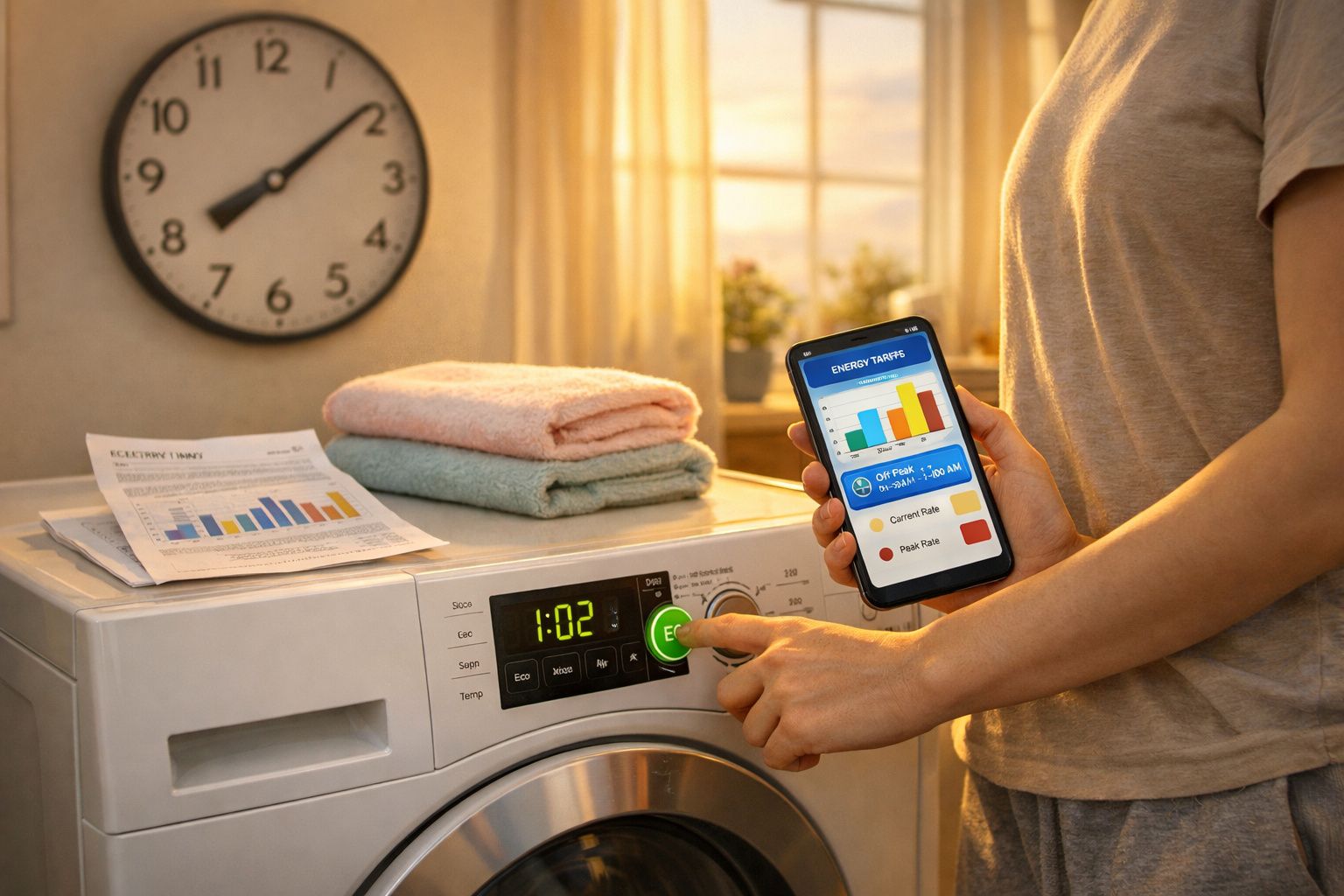 Pessoa liga máquina de lavar enquanto monitora consumo de energia pelo celular, com toalhas e gráfico ao fundo.