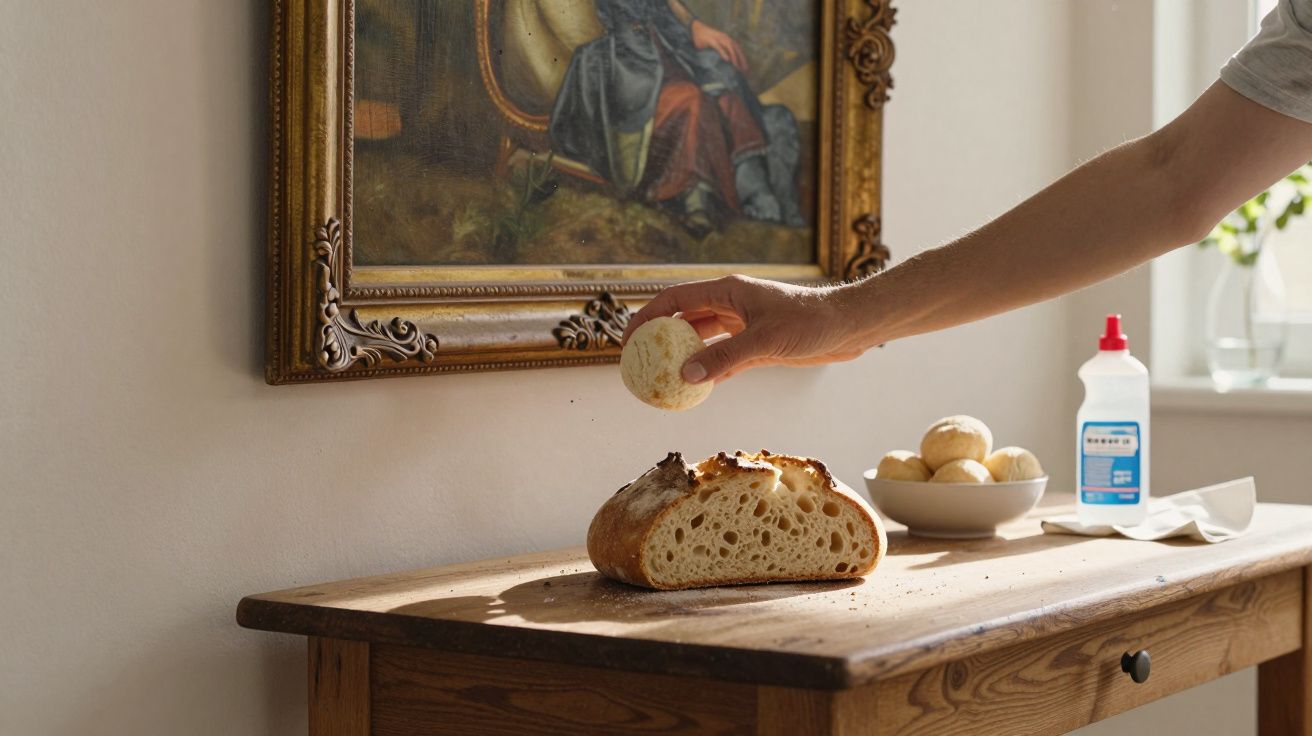 Pessoa segurando pedaço de pão sobre mesa de madeira com pão grande e objetos ao fundo.