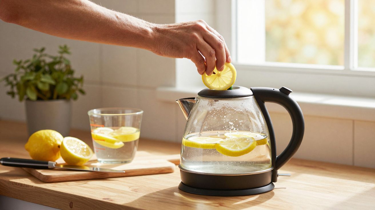 Mão colocando fatia de limão em chaleira de vidro com água e limão sobre bancada de madeira iluminada.