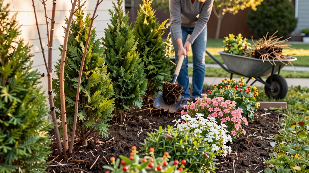 Pessoa plantando flores multicoloridas em um jardim com árvores pequenas e carrinho de mão ao fundo.