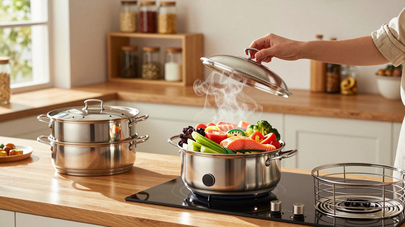 Pessoa levantando tampa de panela a vapor com legumes e peixe na cozinha moderna.