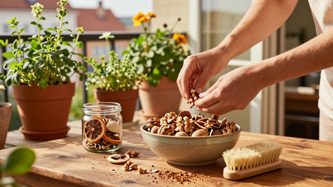 Pessoa descascando nozes em tigela sobre mesa de madeira com plantas em vasos ao fundo.