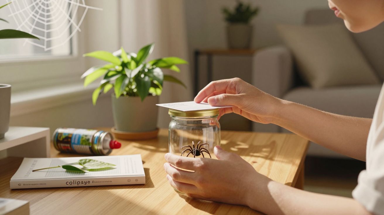 Pessoa segurando um pote de vidro com uma aranha e cobrindo com uma folha de papel sobre uma mesa iluminada.