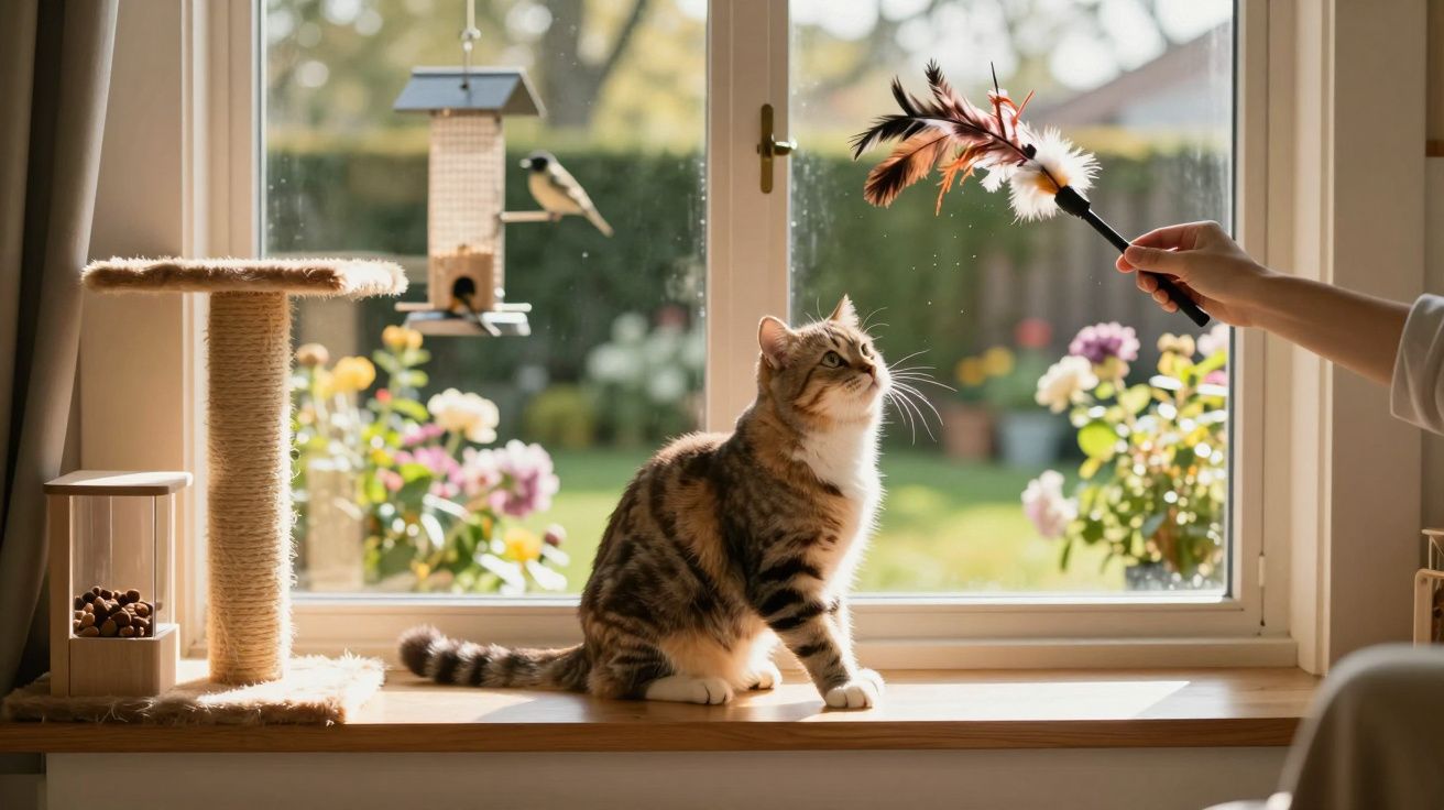 Gato marrom claro atento brincando com penas coloridas próximo a janela ensolarada com vista para jardim.