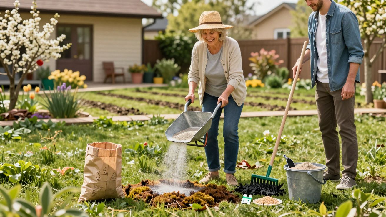 Mulher espalha fertilizante no jardim enquanto homem segura rastelo em área verde residencial.