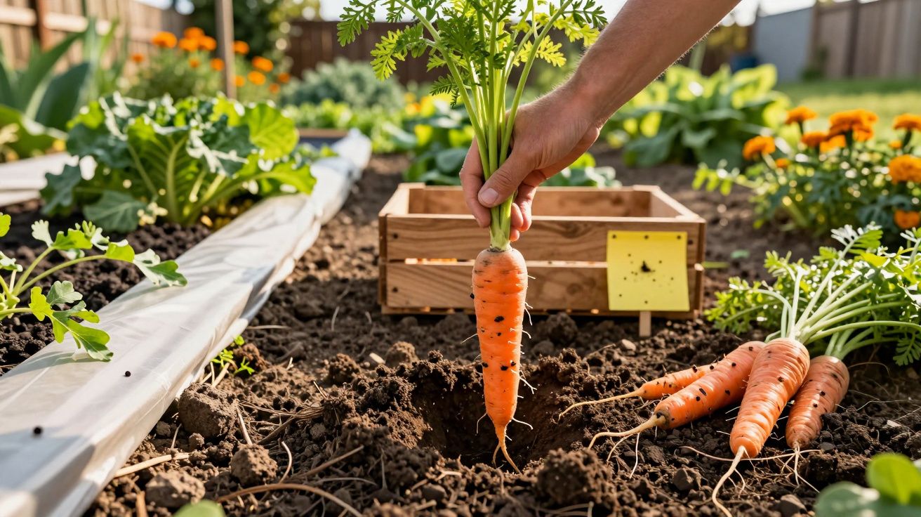 Pessoa colhendo cenoura fresca em horta com outras cenouras e plantas ao redor em dia ensolarado.