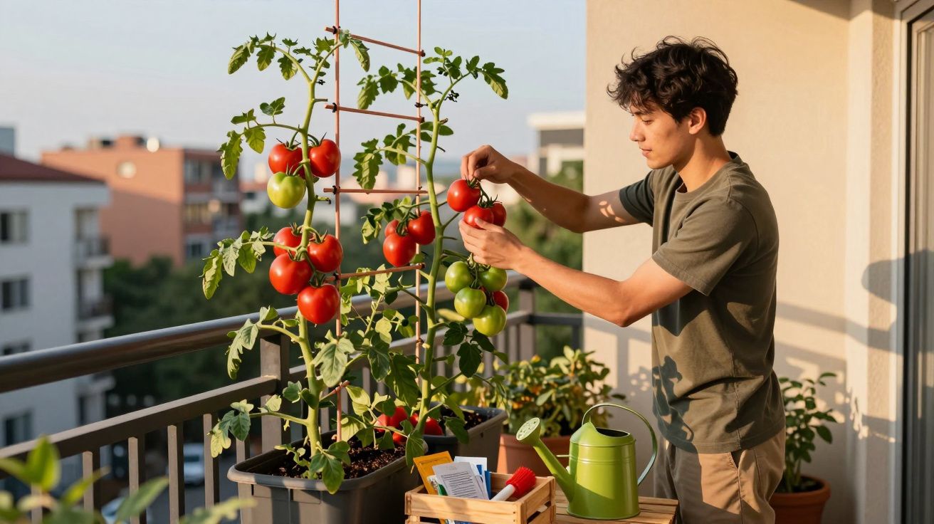 Jovem colhendo tomates vermelhos maduros em vasos na varanda de apartamento ao entardecer.