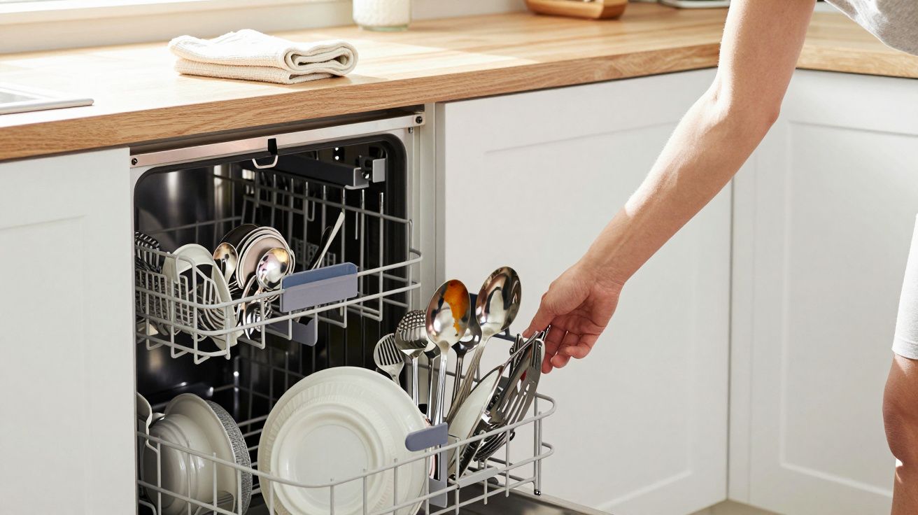 Pessoa abrindo lava-louças embutida na cozinha branca para guardar talheres e pratos.