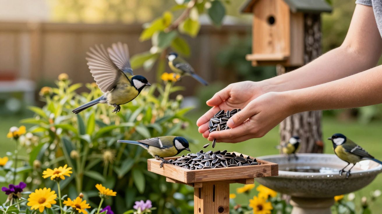 Pássaros alimentados com sementes de girassol em comedouro de madeira no jardim florido.
