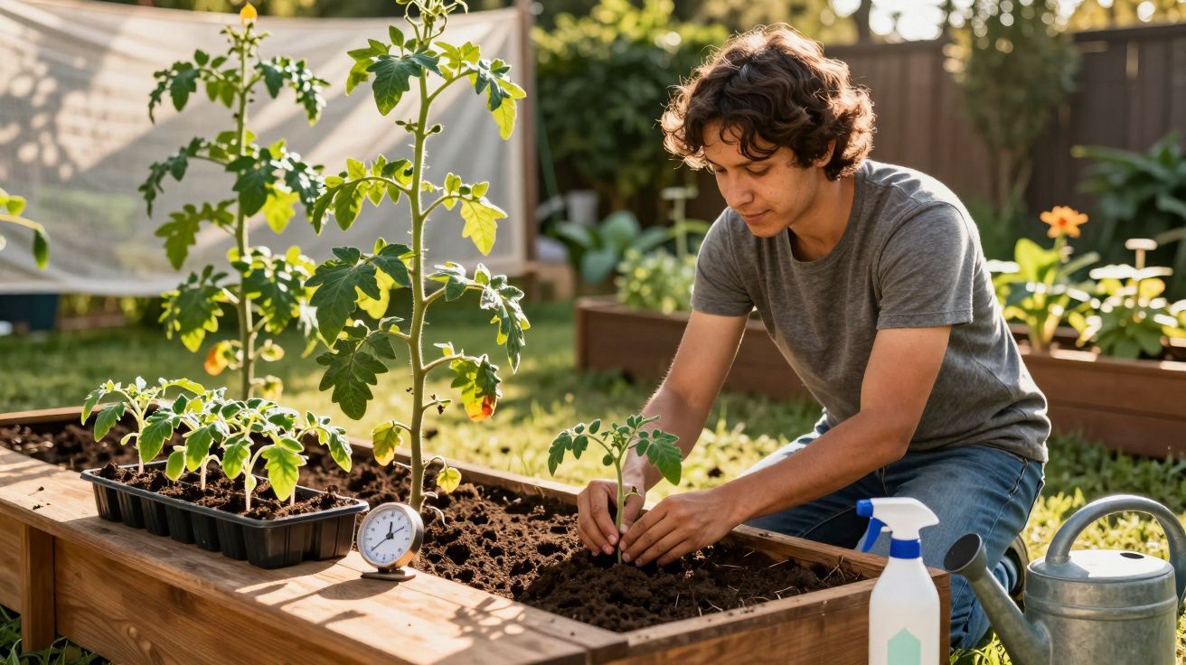 Jovem cuidando de plantas em canteiro de madeira em jardim ensolarado, com regador e borrifador ao lado.