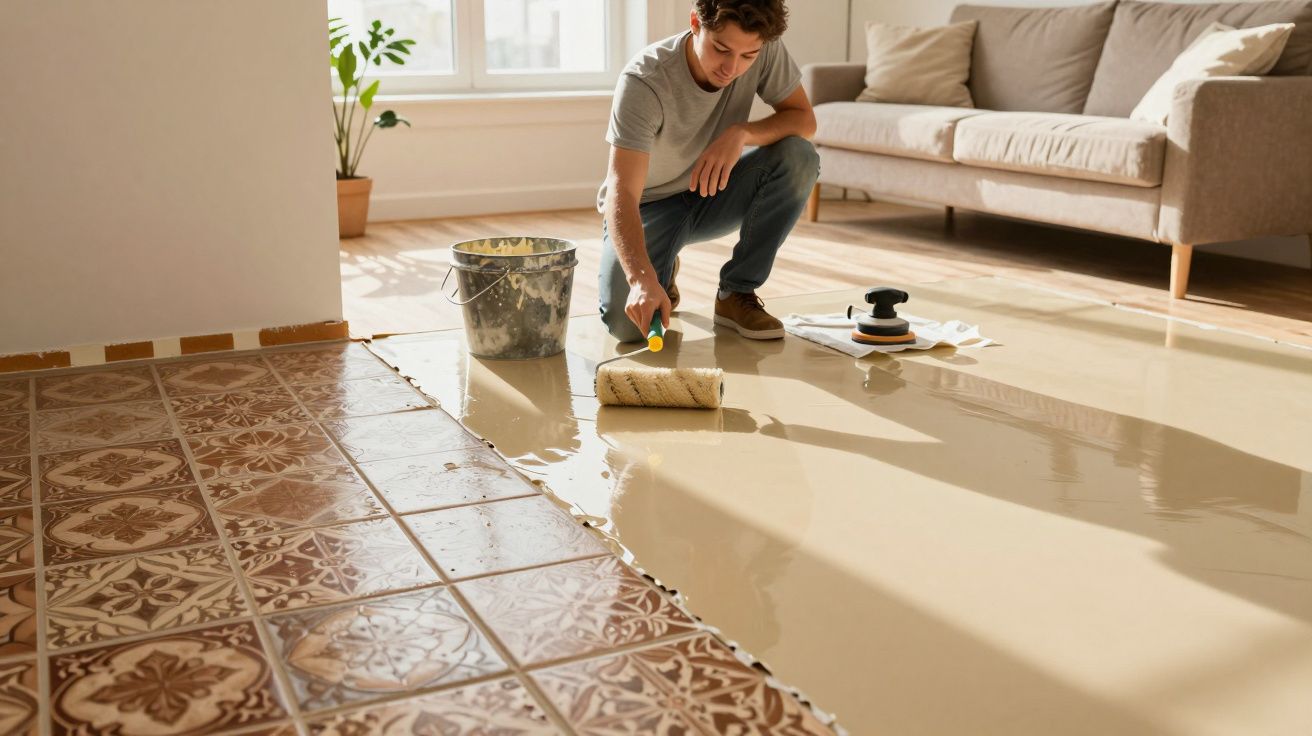 Homem aplicando tinta epóxi bege sobre piso de azulejos antigos em sala iluminada por luz natural.