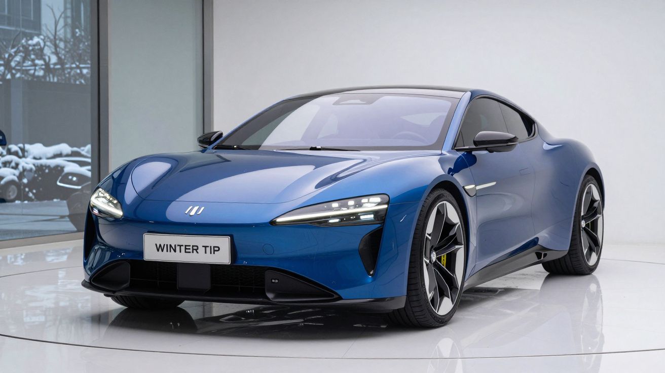 Carro esportivo elétrico azul com design futurista estacionado em salão branco e placa "Winter Tip".